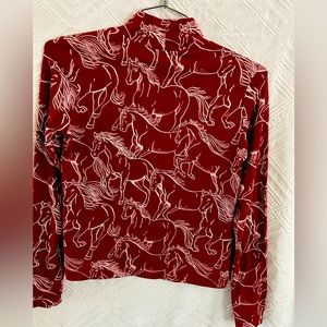 Anthropologie horse print mock neck top Burgundy Sz Small